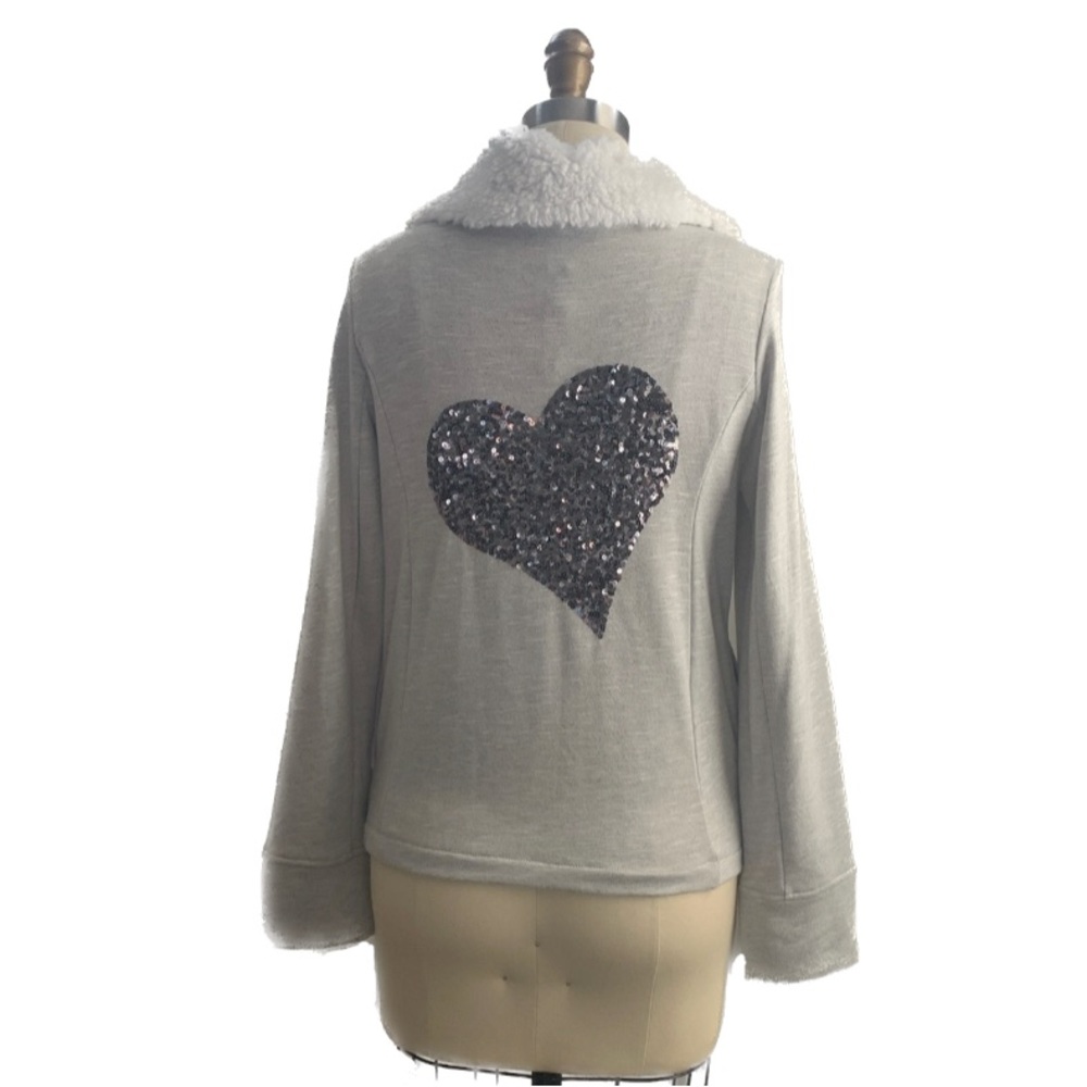 🆕 INC International Concepts • Grey Zip Sequin Heart Faux Fur Moto Jacket Small